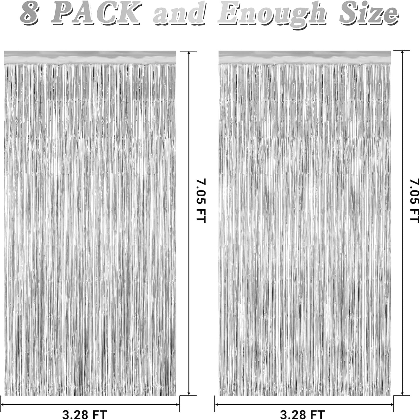 8 Pack Silver Backdrop, 3.28 FT x 7.05 FT Birthday Backdrop, Metallic Silver Tinsel Curtain Disco Party Streamer, Bachelorette Party Decorations Birthday Photo Booth Props
