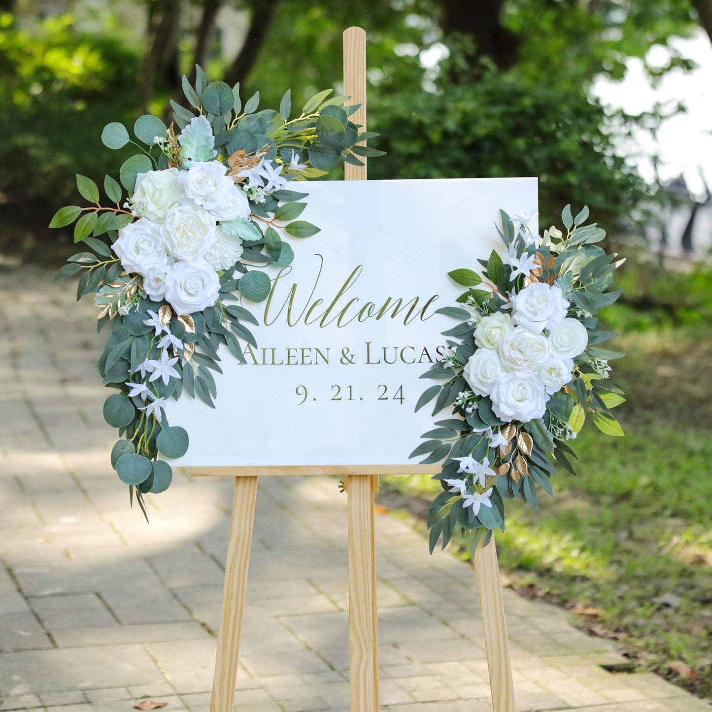 Artificial White Wedding Arch Flower Swags Set of 2 for Welcome Signs, Reception and Ceremony Decorations - Gold Floral Decor