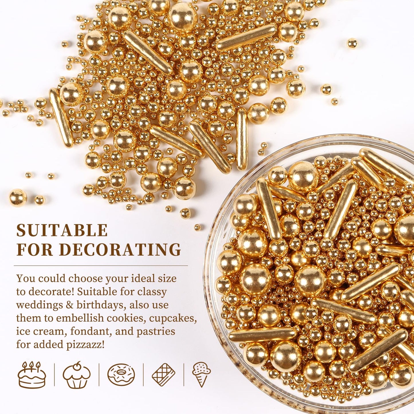 Gold Pearl Sprinkles for Cake Decorating, Pearl Metallic Rod Mix, 4.23 oz Gold Sprinkles for Cupcakes, Ice Cream, Cookies, Baby Showers, Celebrations, Weddings, Valentines, and Easter. (120g)