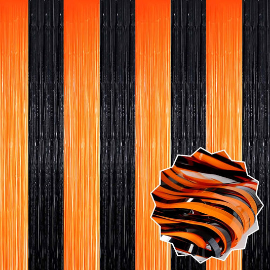 6 Pack Black Orange Foil Fringe Curtains Backdrop, 3.28 x 8.2 Ft Metallic Streamers Tinsel Curtains Background for Photo Booth, Birthday, Weddings, Carnivals, Graduation, Themed Party Decorations