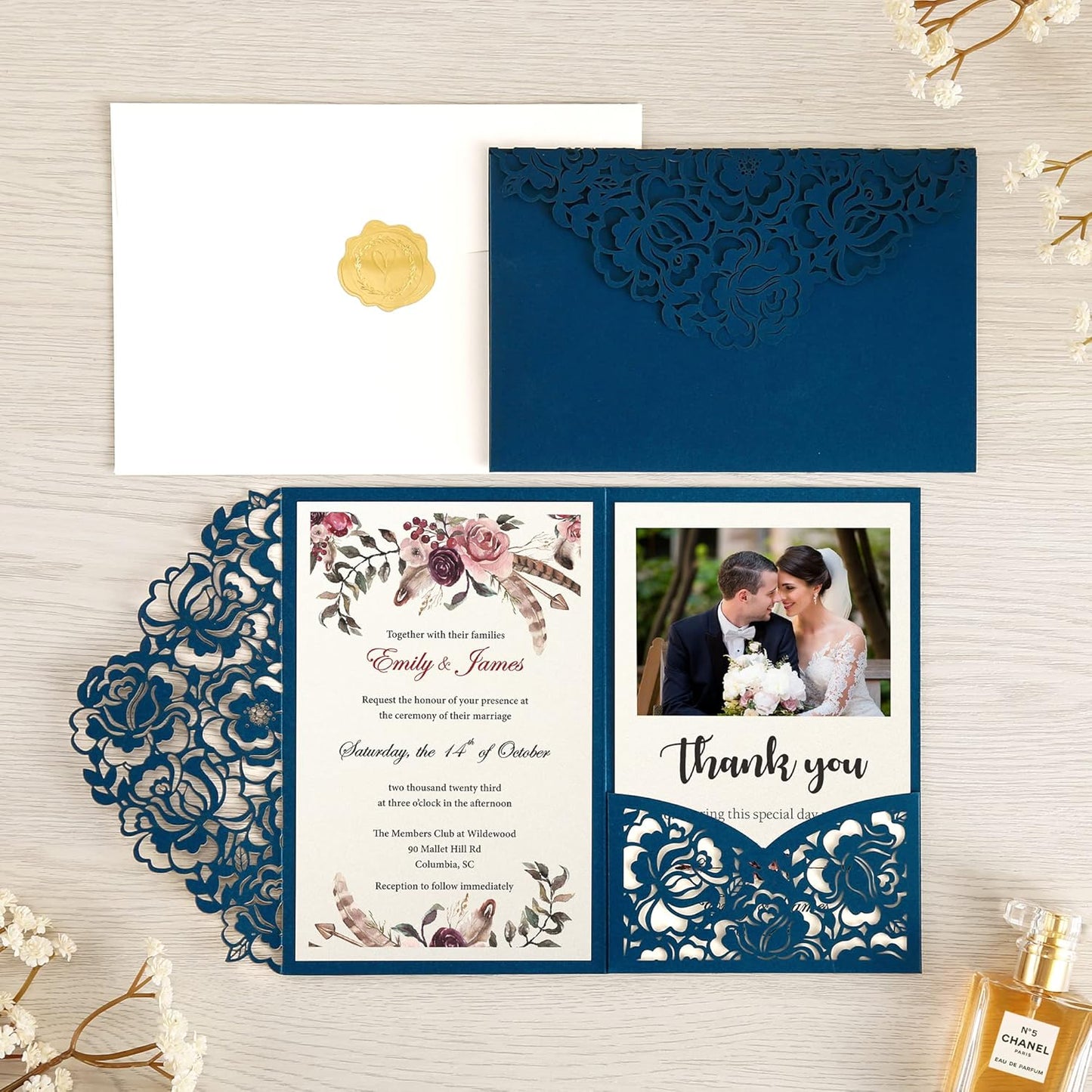 DORIS HOME 50pcs Laser Cut Wedding Invitations with Envelopes Blue, 4.7x7.1 Personalized Invitation Cards for Wedding, Anniversary Invitations with Envelopes