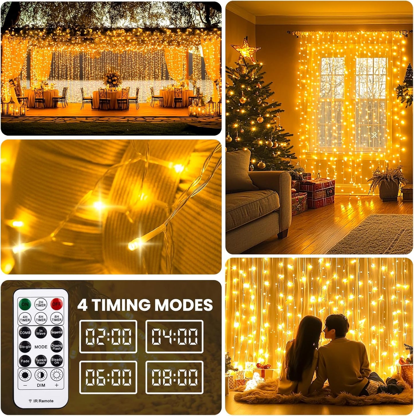 Curtain Light for Bedroom, 200LED 6.6x6.6ft Warm White Window Wall Hanging Fairy Curtain String Light, 8 Modes Remote Fairy String Lights Indoor for Wedding Party Home Garden Decorations