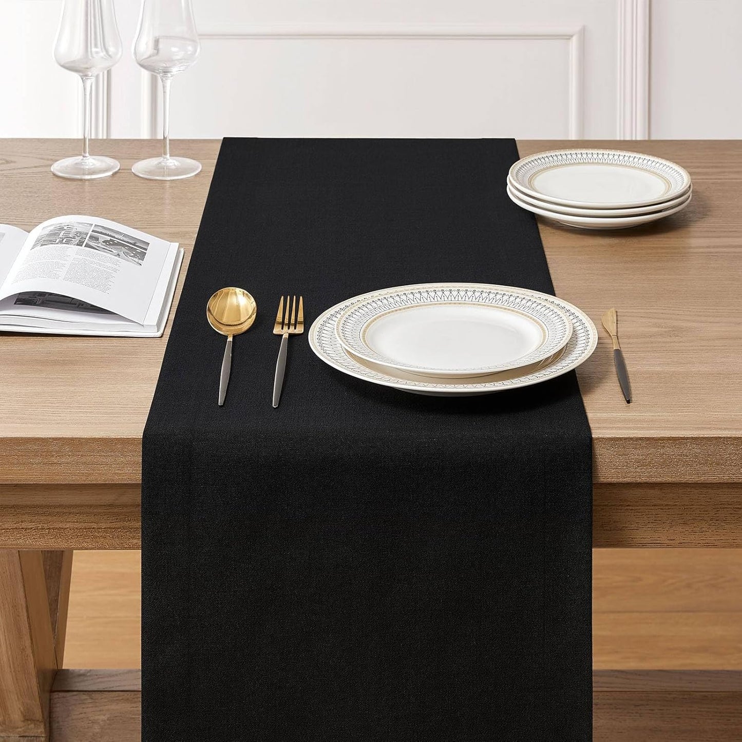 ZeeMart Linen Textured Border Table Runner, 14 x 108 Inch Black, Farmhouse Style Black Table Runners 108 Inches Long, Easy Care Everyday Polyester Table Runner