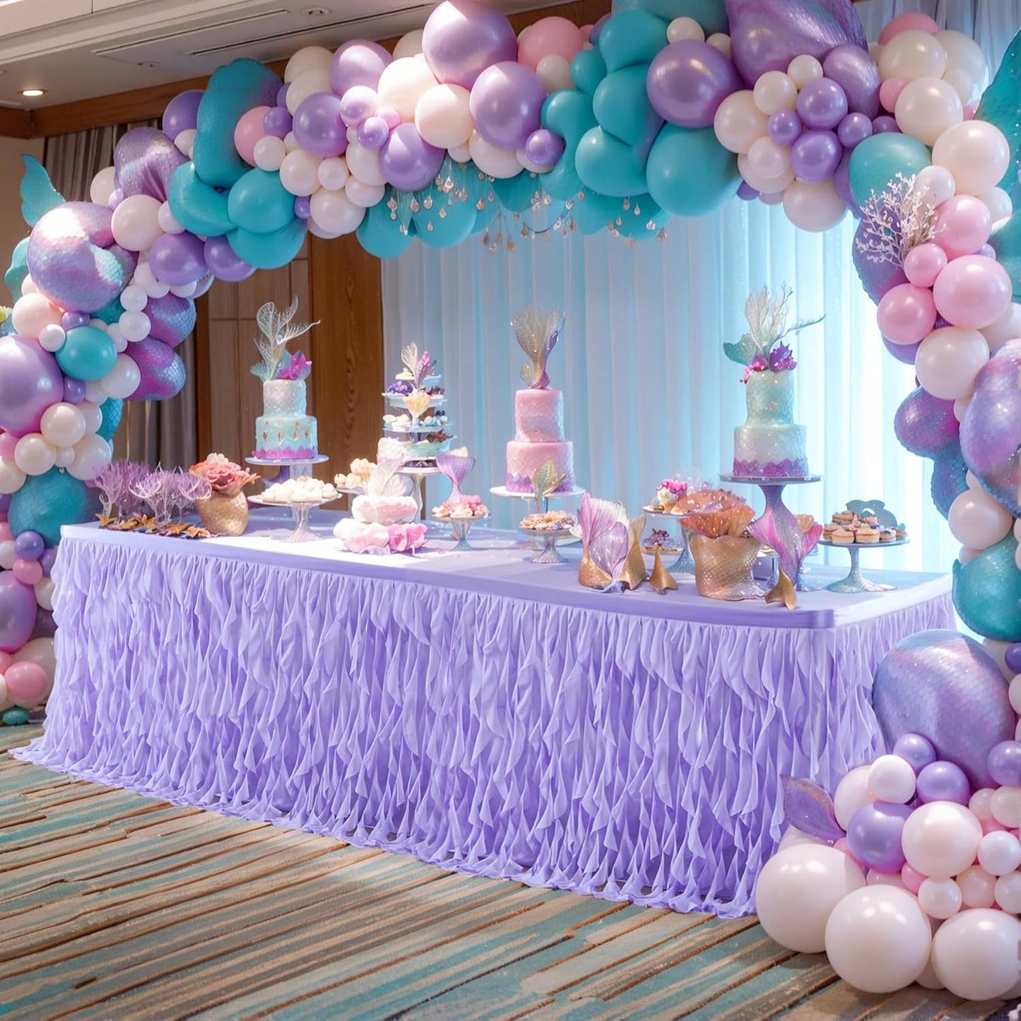 PARTISKY Lavender Purple Tulle Curly Willow Table Skirt for Rectangle Table 14ft, Ruffle Tutu Table Cloth for Girls Boys Baby Shower,Mermaid Birthday Party