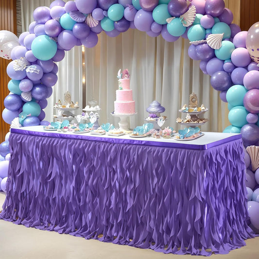 Partisky Mermaid Purple Tulle Curly Willow Table Skirt for Rectangle Table 14ft, Ruffle Tutu Table Cloth for Girls Boys Baby Shower,Mermaid Birthday Party