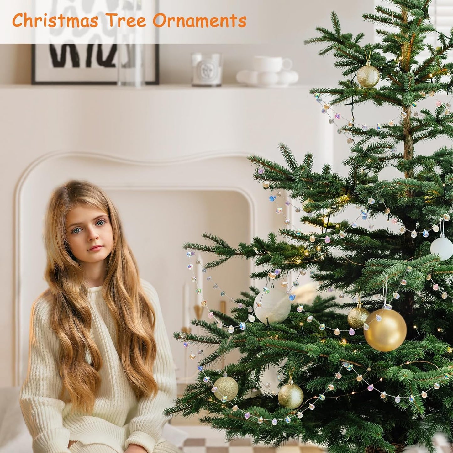 Christmas Garland, 9.8Ft Crystal Glass Beads Strands, 100pcs 10mm Faceted Waterdrop Glass Beads Hanging Ornament for Christmas Tree Centerpieces Wedding Party Decorations (Multicolor)