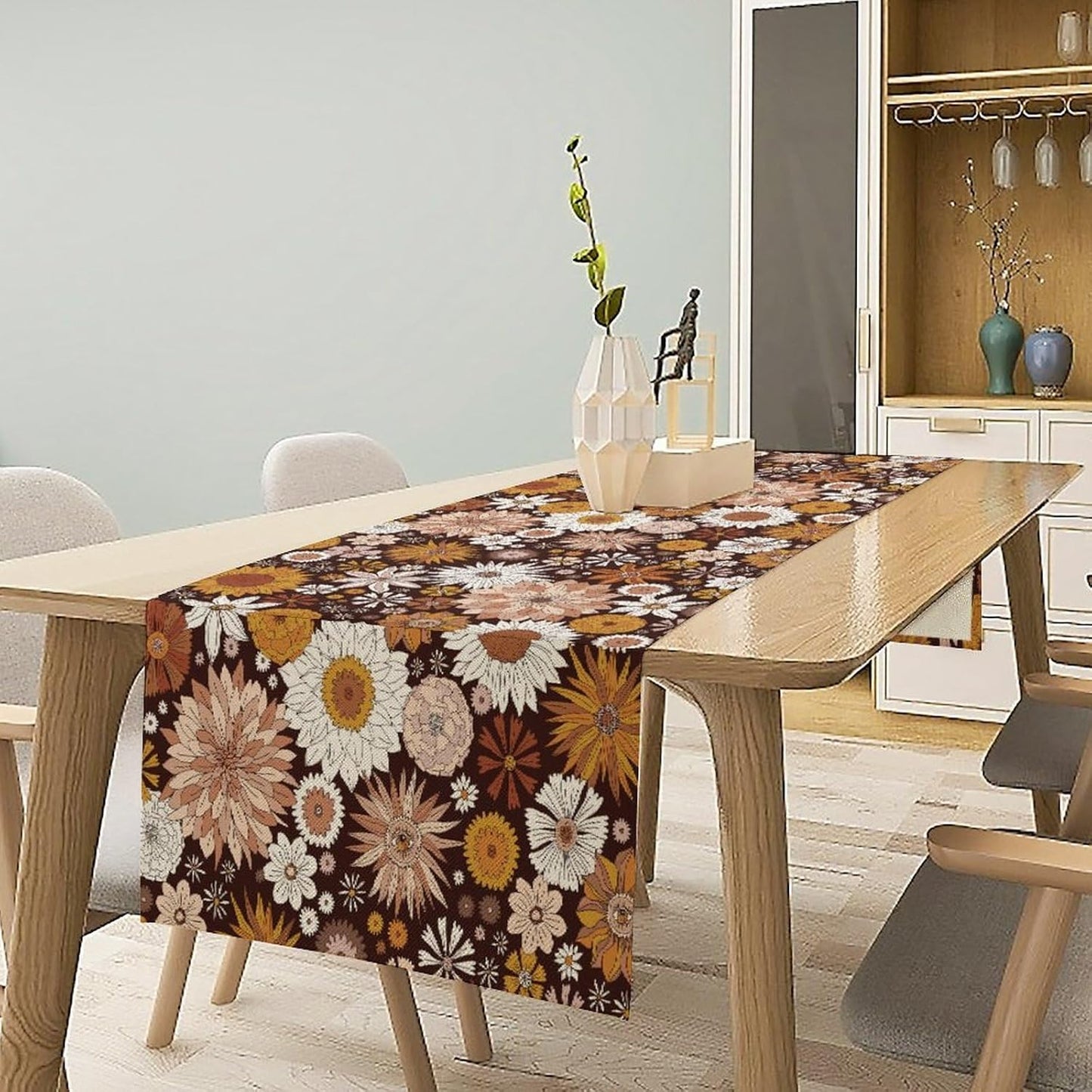 Boho Floral Table Runner, Vintage Country Farmhouse Daisy Flowers Modern Kitchen Dining Room Decoration for Indoor and Outdoor Wedding Party Banquet Table Runner 13x60 Inch