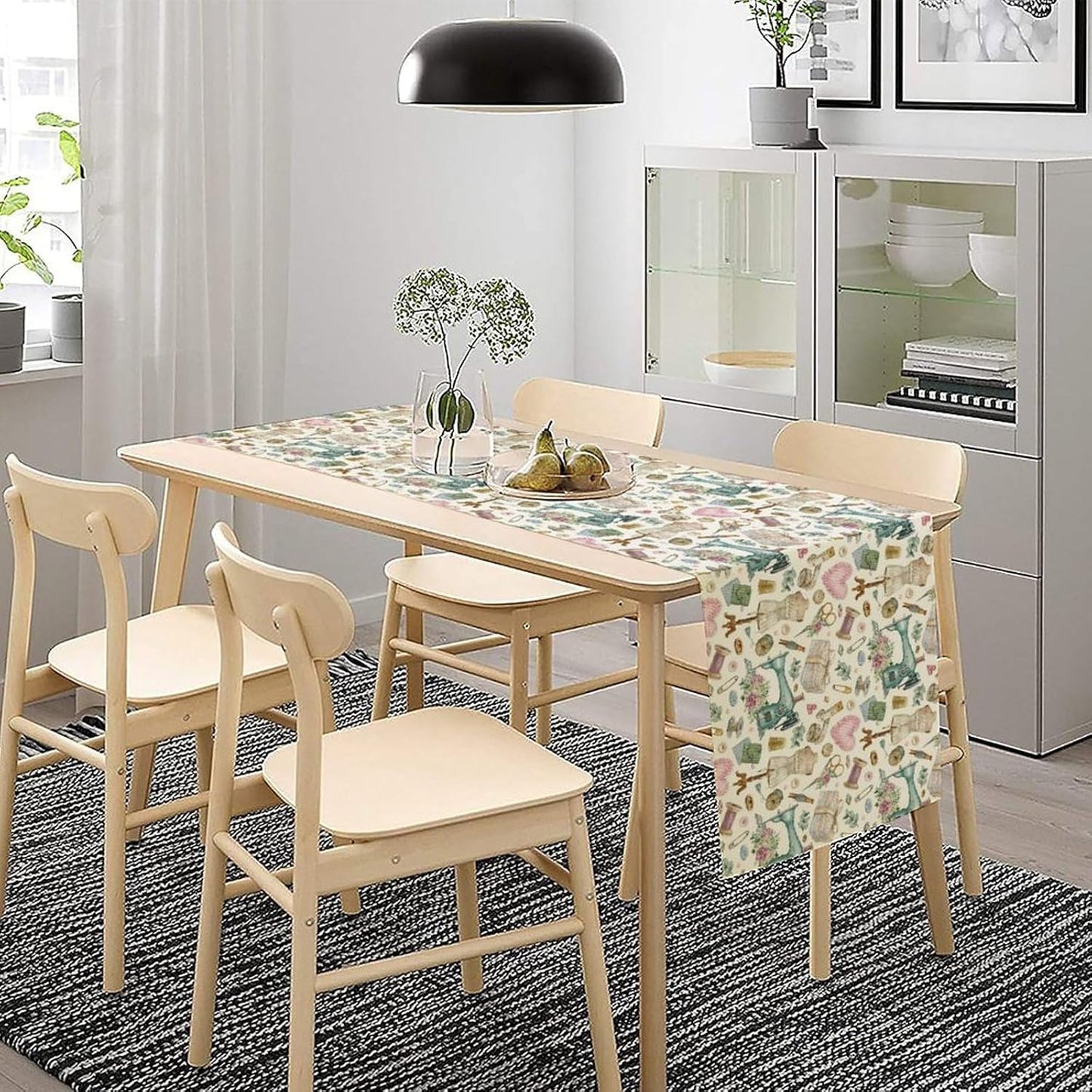 Sewing Theme Table Runner,Vintage Sewing Machine Tool Watercolor Pattern Print Tablecloth Burlap for Hotel Indoors Outdoor Dining Room Kitchen Home Decor,W13X L36 in