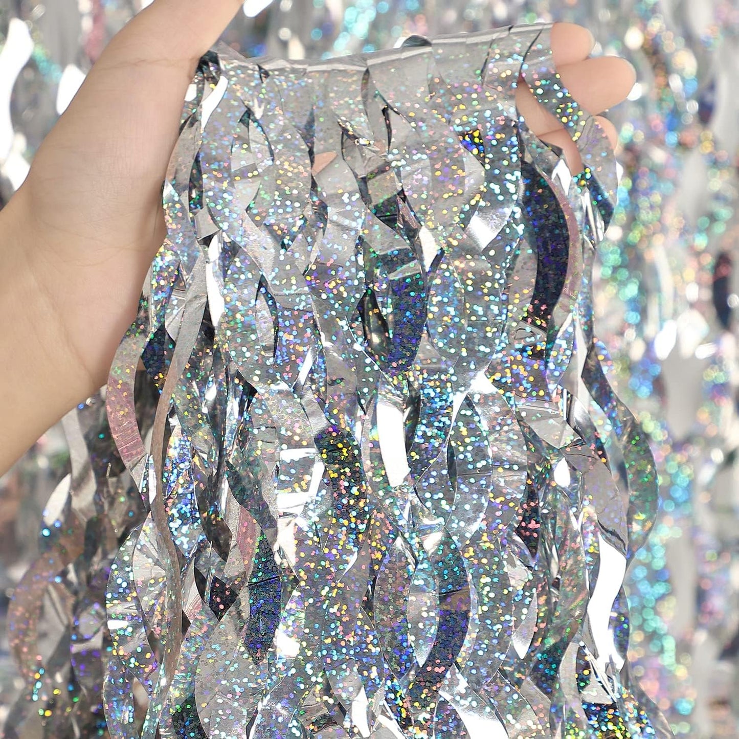 Silver Tinsel Backdrop- CYLMFC 3 Pack 3.3 ft x 6.6 ft Streamer Foil Fringe Curtain for Birthday Party Christmas Graduation Decor