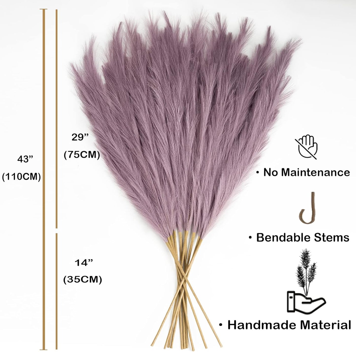 EVODIS Pampas Grass Decor Tall, 43"/110cm Faux Pampas Grass 6 Stems Large Pompass Grass Branches Tall Bulk Boho Flower Arrangement for Home Room Wedding Party Decor (Light Purple)