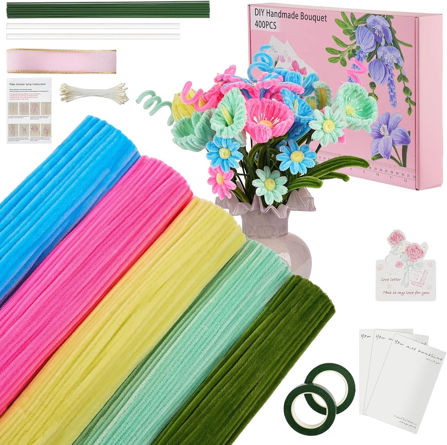 5 Mixed Macaron Colors Chenille Stems Bulk,400 Pcs Pipe Cleaners Craft with Floral Wires, Gardening Tape,Greeting Card,Bouquet Paper,Hot Glue Stick,Stamen & Ribbon,Ideals for DIY School Projects