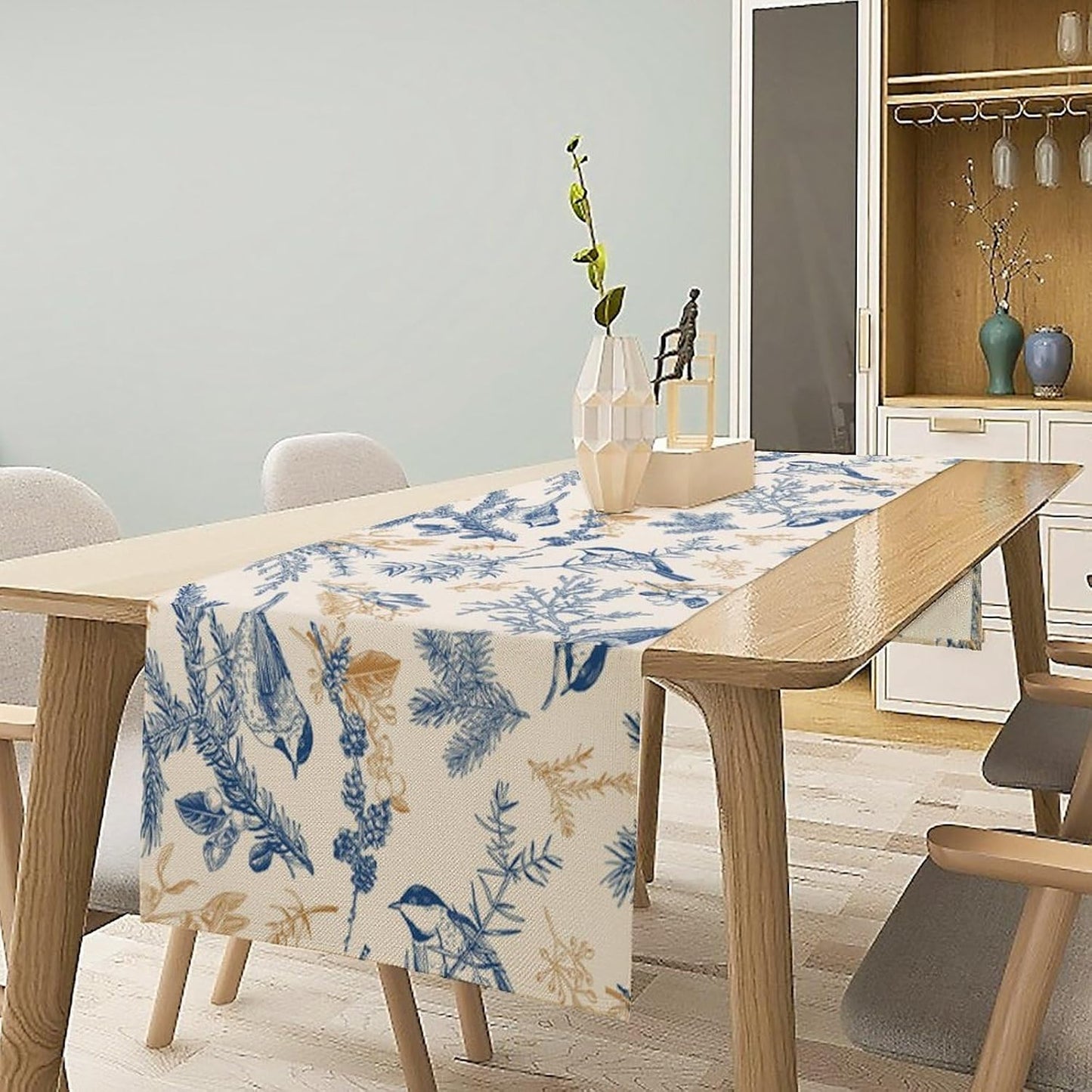 Chinoiserie Flowers Table Runner, Seasonal Spring Fall Plants Blue Florals Birds Dinner Runner for Home Kitchen Dining Table Party Holiday Decoration 13"x90"