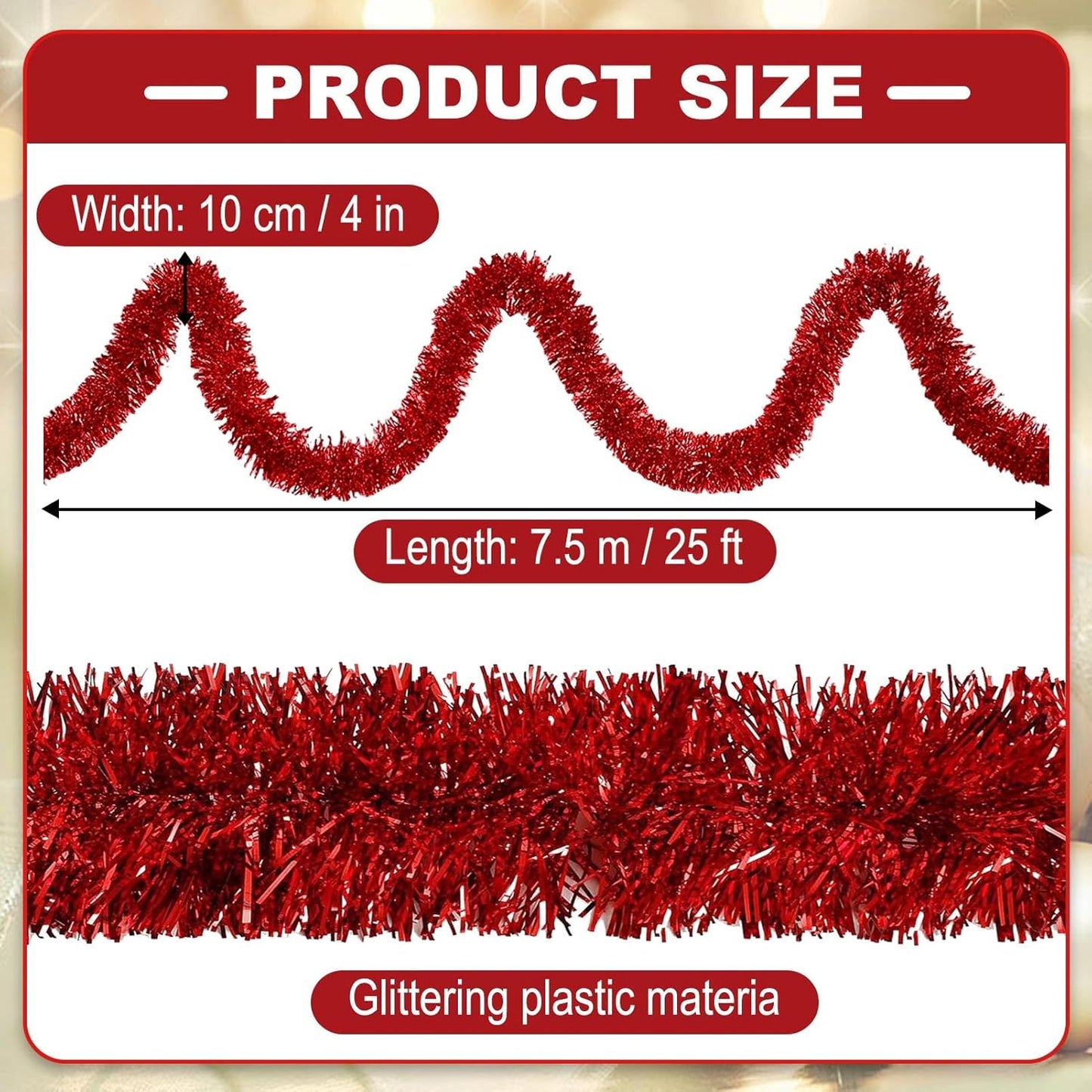 25 Feet Metallic Twist Tinsel Garland - Wall Hanging Backdrop for Parade Floats, Christmas Eve, New Year, Valentine's Day Parties (Red, 4in x 25ft)