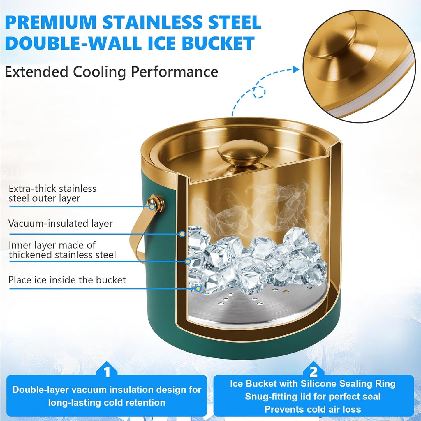 Ice Bucket, Ice Bucket with Silicone Sealing Ring Double-Wall Vacuum Insulation Champagne Buckets with Filter Layer Ice Tongs Ice Scoop (Green, 3 L)