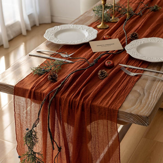 Keketo Fall Thanksgiving Table Runner Terracotta Rust Gauze 120 Inch 10 FT Rustic Burnt Orange Sheer Cheese Cloth for Bridal Shower Friendsgiving Party Centerpiece Decor Fall Decorations for Home