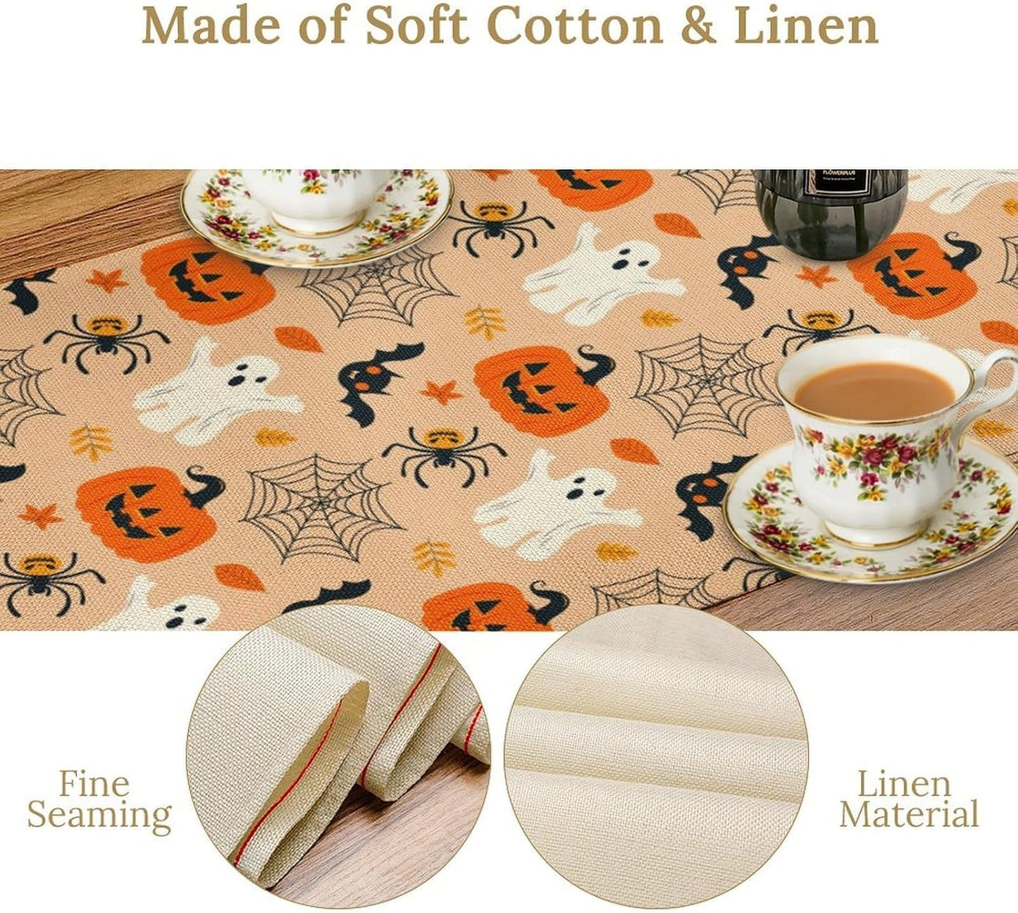 Halloween Table Runner,Cute Ghost Pumpkin Leaves Table Runner for Kitchen Dining Table Decoration Home Party Decor 13x60 Inch