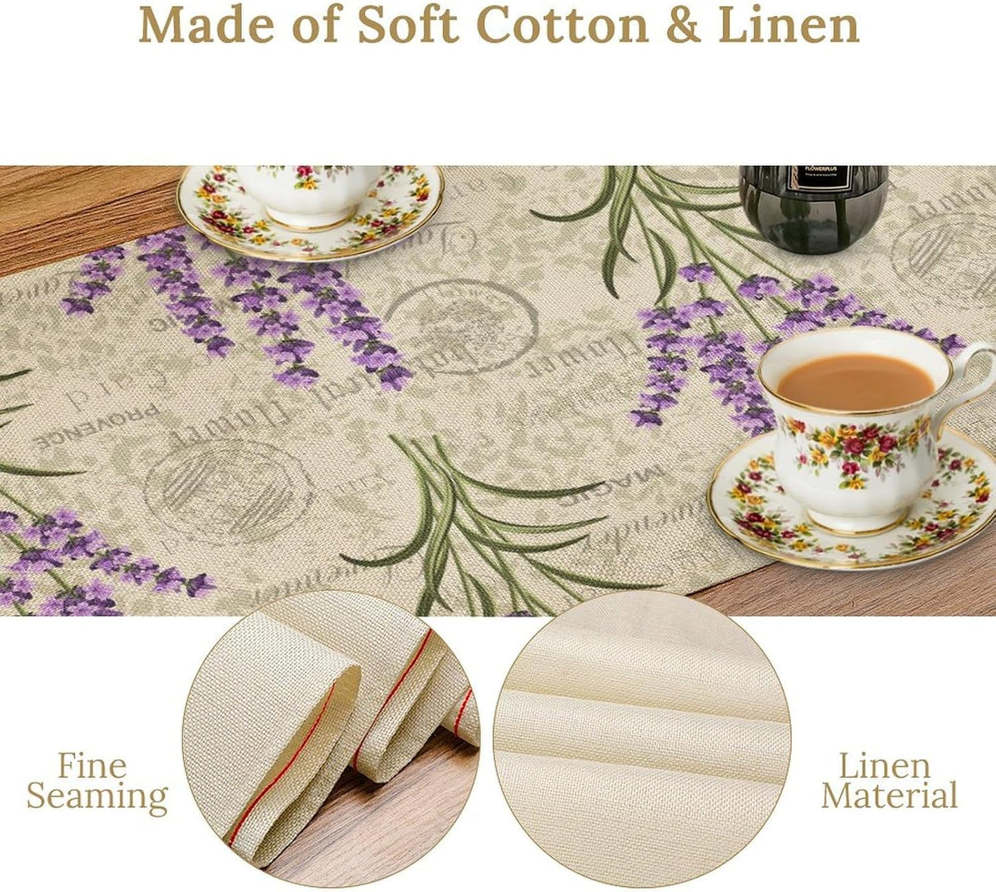 Floral Lavender Table Runner,Vintage Rustic Country Romantic Purple Flower Pattern Print Burlap for Hotel Indoors Outdoor Dining Room Kitchen Home Decor, 13x108in