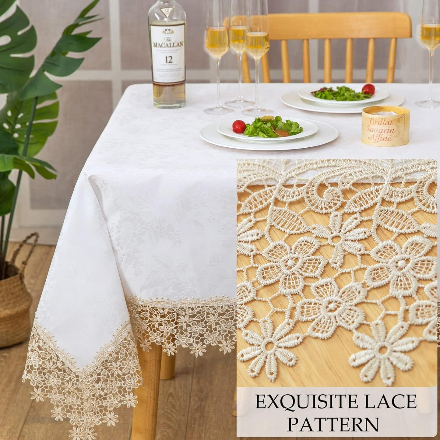 Beige lace Premium Rectangle Farmhouse Tablecloth Waterproof OilProof SpillProof AntiShrink Soft Wrinkle Resistant Decorative Fabric Table Cover Kitchen Dinning Party Wedding Banquet