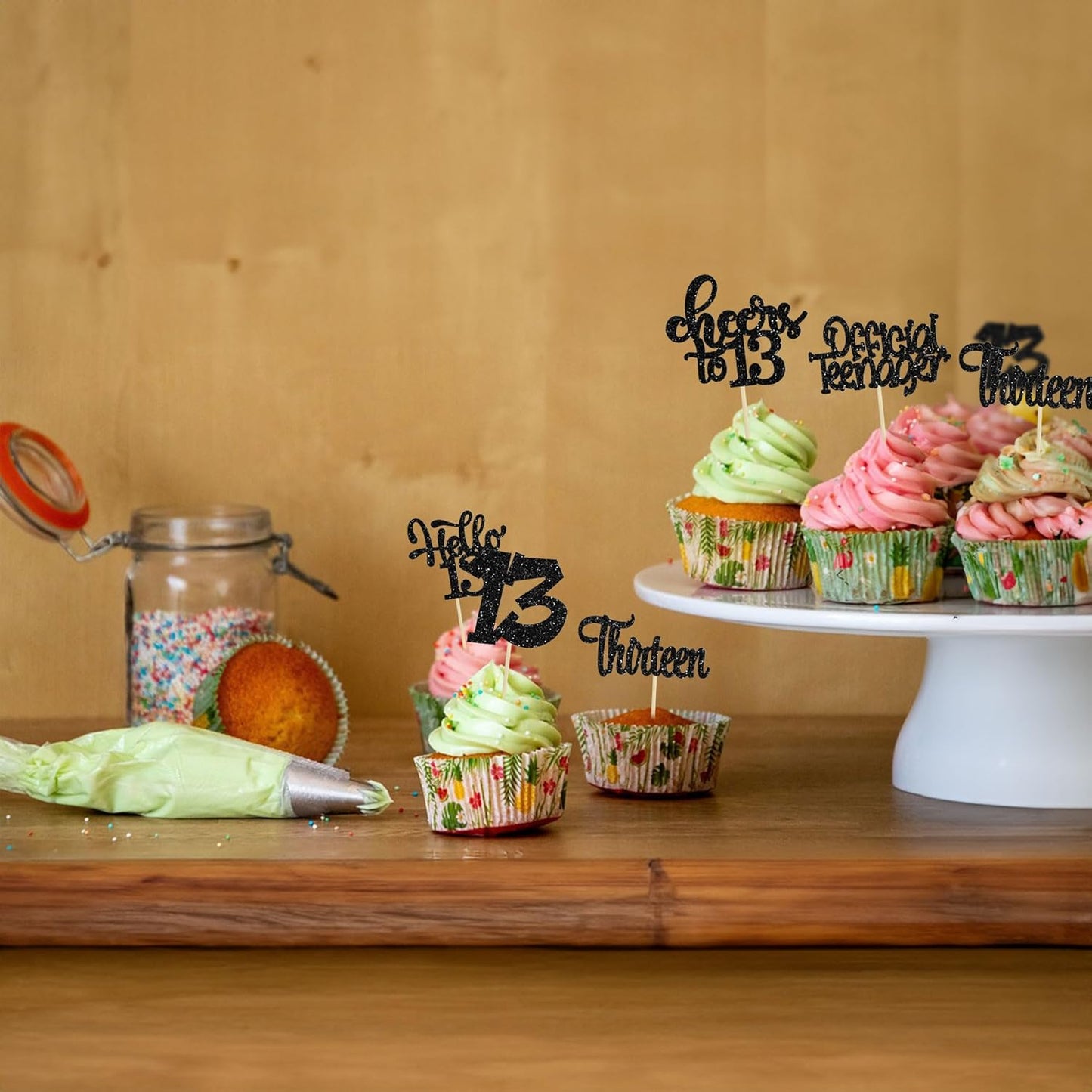 30Pcs 14th Birthday Cupcake Toppers Hello 14 Cupcake Picks Fourteen Cheers to 14 Years Old Cake Decorations for 14th Birthday Anniversary Party Supplies Black Glitter