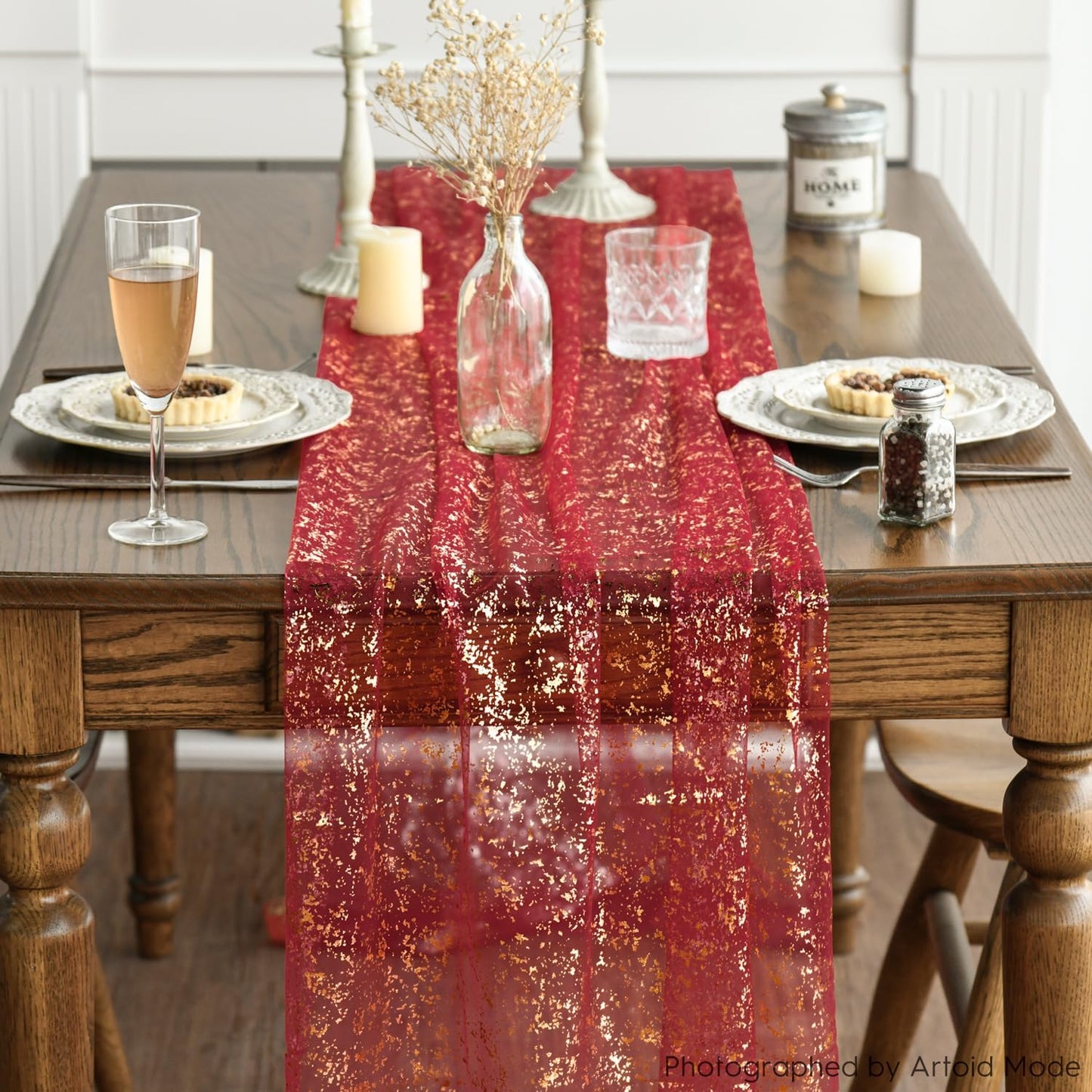 Artoid Mode 3PCS Red Gold Gauze Table Runner 120 Inch 10FT, Glitter Metallic Foil Sheer Dining Wedding Anniversary Holiday Table Decor for Home Party