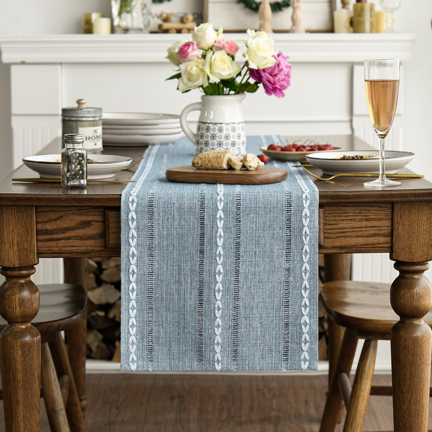Artoid Mode Dusty Blue Cotton Linen Table Runner, Seasonal Rustic Embroidered Hollow Kitchen Dining Table Decoration for Home Party Decor 13x36 Inch