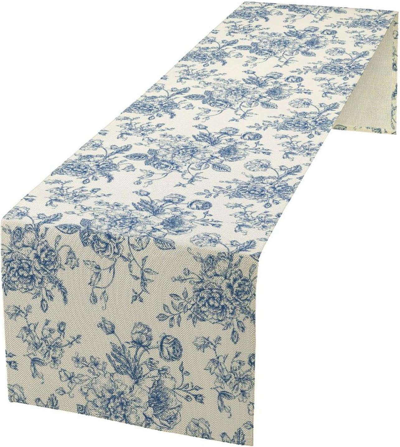 Floral Table Runner, Retro Blue Flower Chinoiserie Sketch Pattern Print Table Runner for Kitchen Dinning Table Runner Decor Home Wedding Party Holiday, 13x36 Inch
