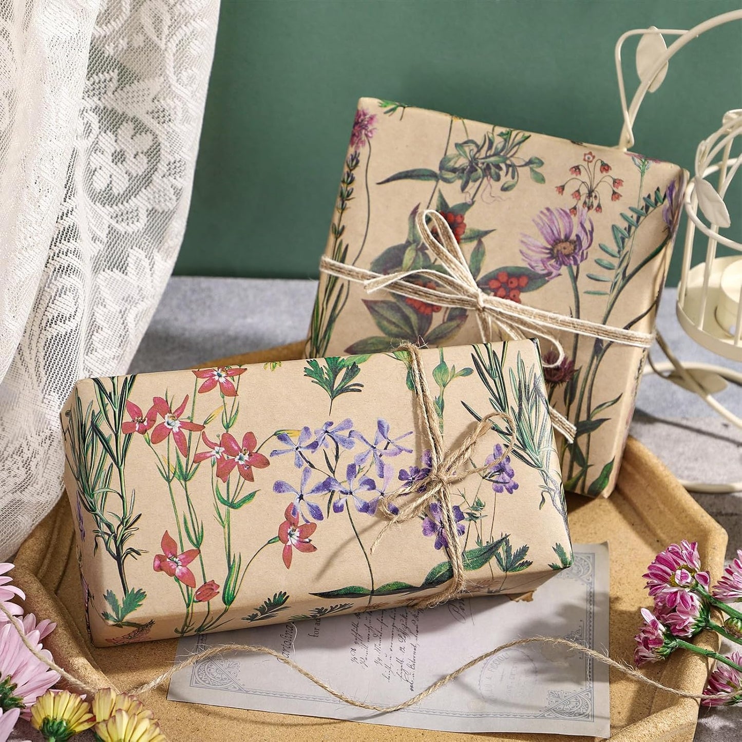 RUSPEPA Wildflower Floral Wrapping Paper Roll for Women, 17 Inches x 9.8 Feet, Mini Roll, Herbal Kraft Wrapping Paper for Christian Gifts, Birthdays, Weddings, Bridal Shower and Engagement