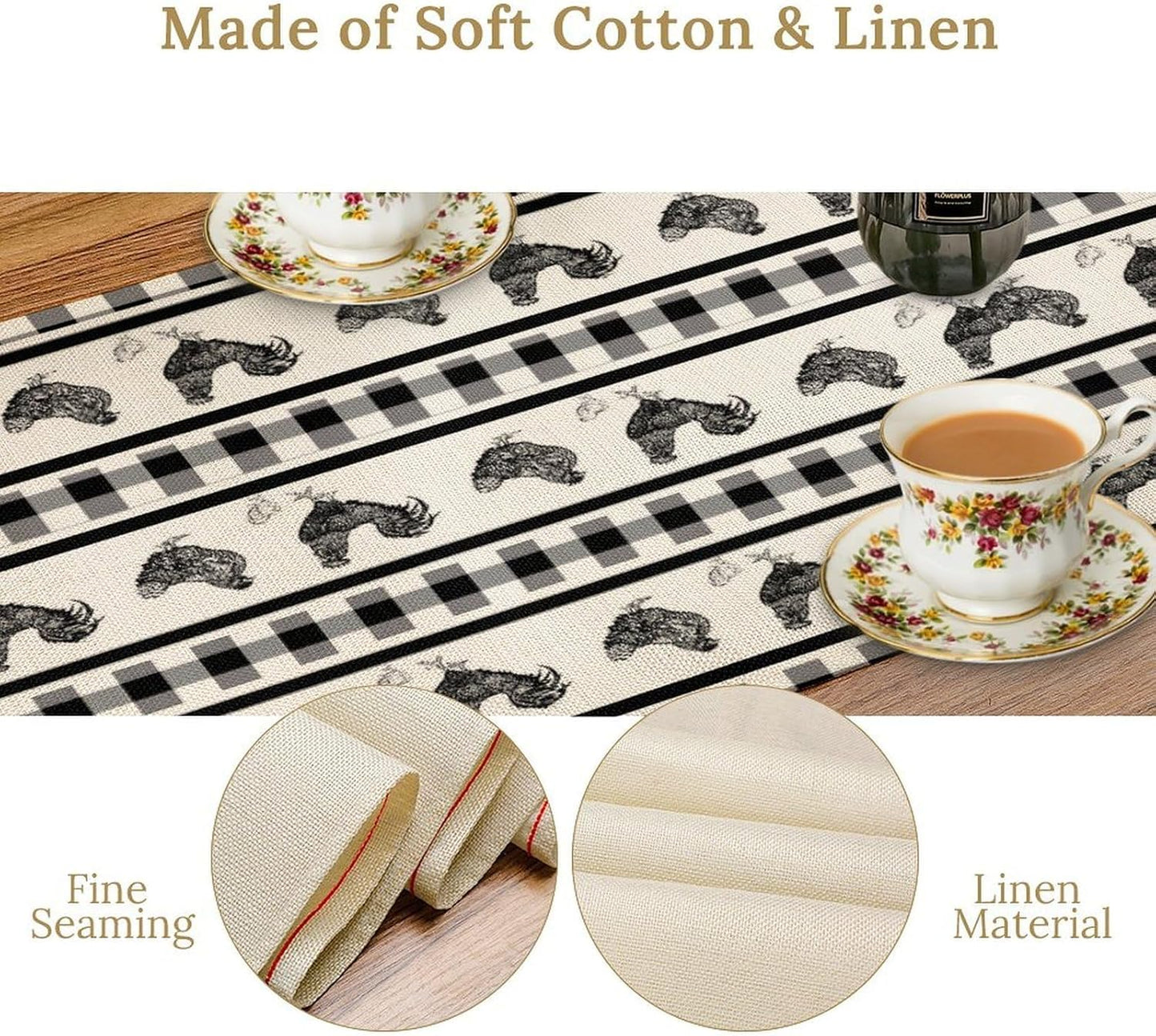 Rooster Table Runner,Farmhouse Animal Vintage Chicken Black White Plaid Check Tablecloth Burlap for Hotel Indoors Outdoor Dining Room Kitchen Home Decor,W13X L90 in