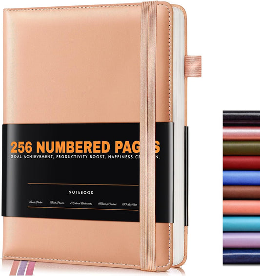 Lined Journal Notebook for Women Men, 256 Numbered Pages Hardcover Leather Journals for Writing, A5 Journaling Notebooks, College Ruled Journal for Business Work School Note Taking 5.75" x 8.38" Pink