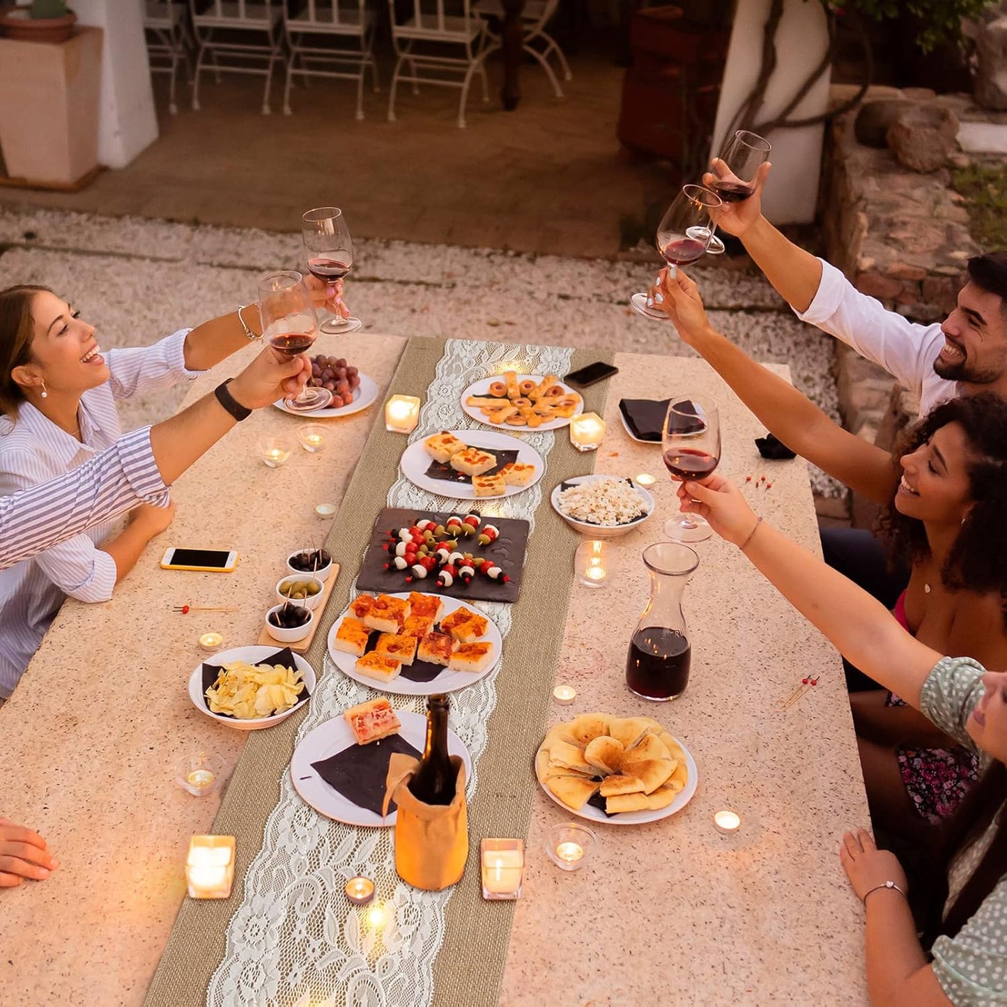 Tudomro 6 Pcs Burlap Table Runner with LED String Lights 12 x 108 Inches Rustic Jute Lace Table Runners Farmhouse Jute Linen Decoration Wedding Decor for Holiday Party Wedding Decorations