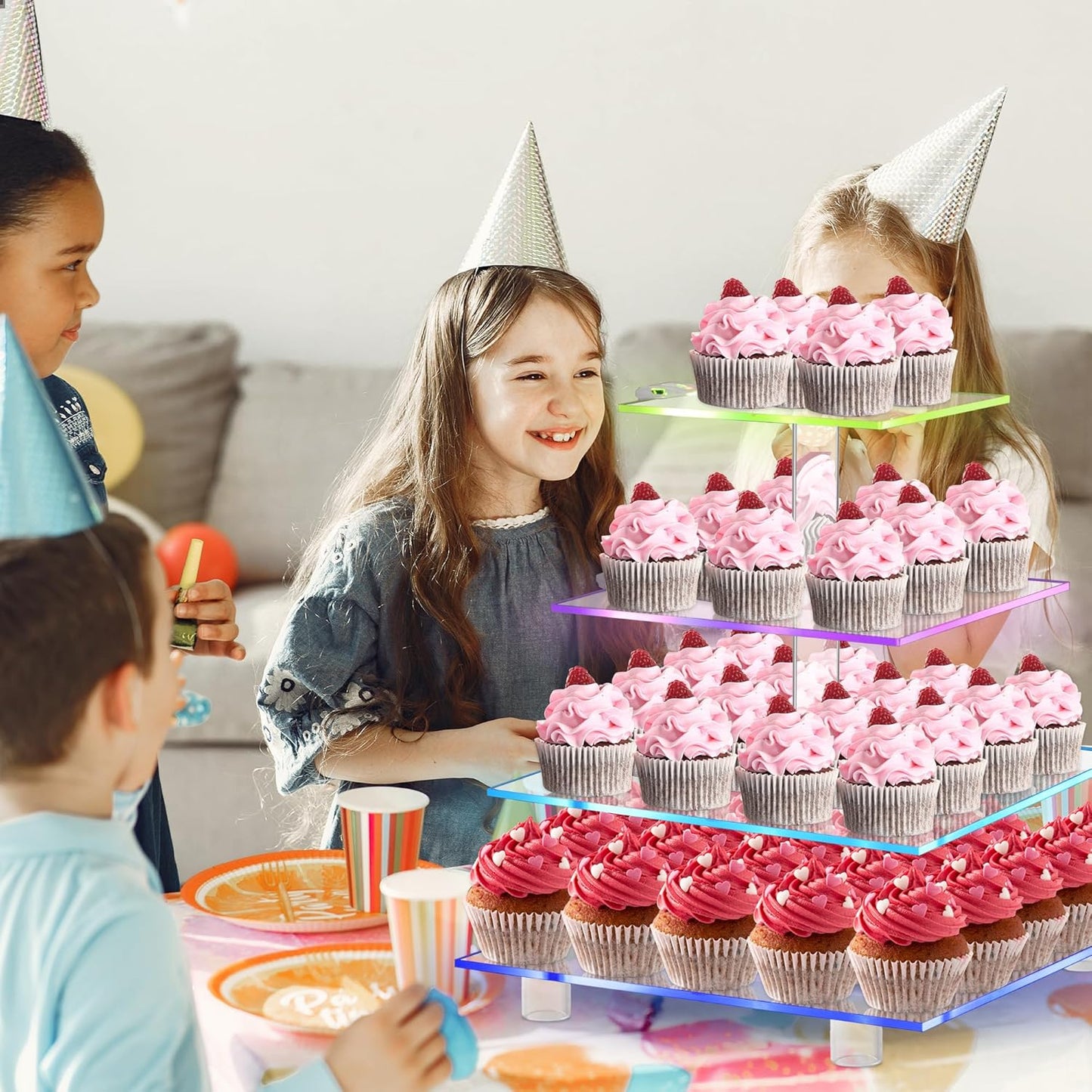 Rechargeable LED Cupcake Stand for 50 Cupcakes, 7 Colors Light Clear Cupcake Holder, 4 Tier Cupcake Tower, Acrylic Dessert Table Display Set for Weddings, Christmas, Birthday, Parties