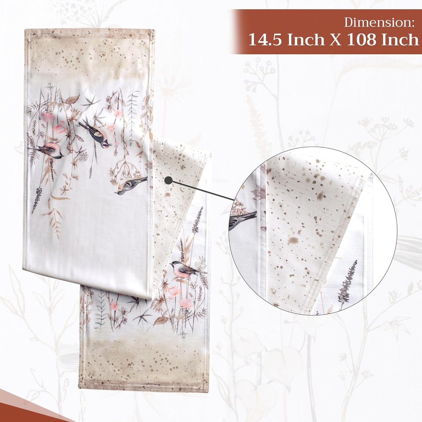 Maison d' Hermine Table Runner 100% Cotton Double Layer Table Runners 108 inches Long Decorative for Home Dining Party Wedding Bridal Shower Spring Summer (Meadow Florals - Brown, 14.50" x 108")