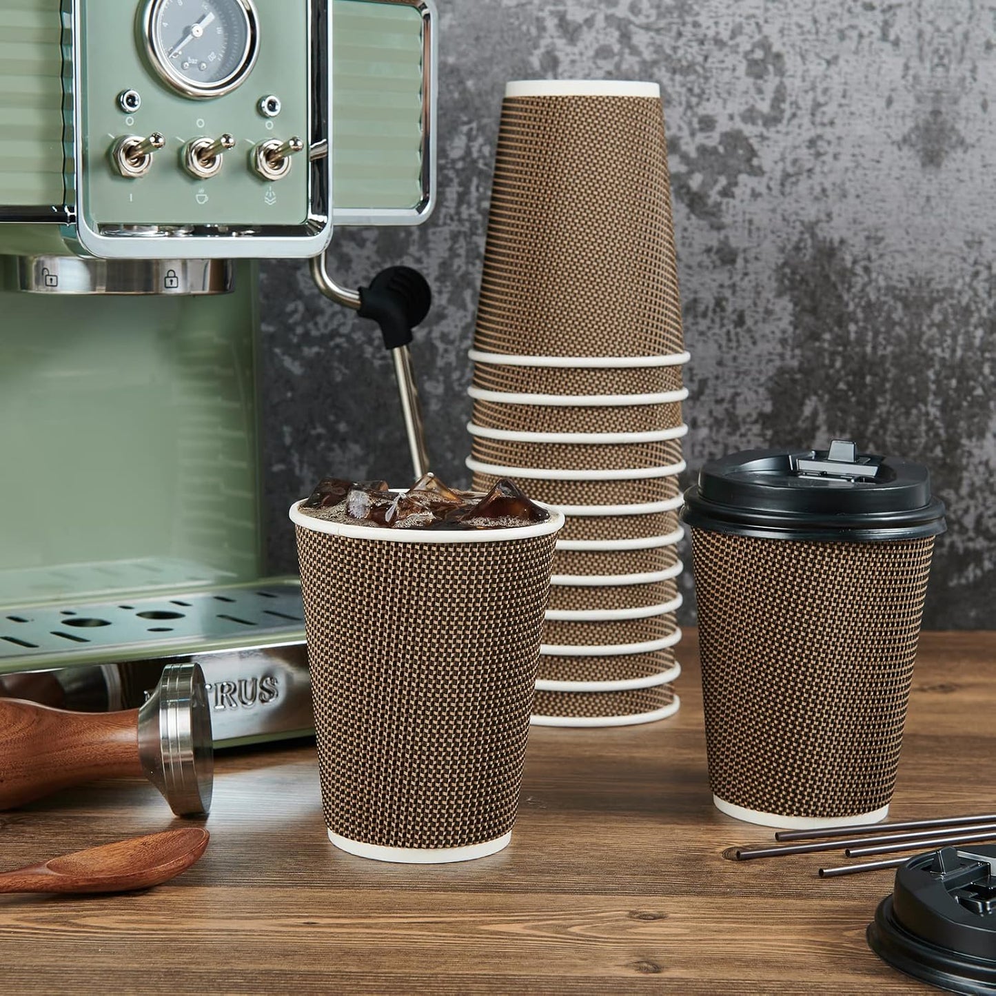 LITOPAK 80 Pack 12 oz Paper Coffee Cups, Insulated Ripple Wall Hot Coffee Cups with Lid and Straws, Brown Three Layer Insulated Hot Beverage Cups for Parties, Picnic, and Travel