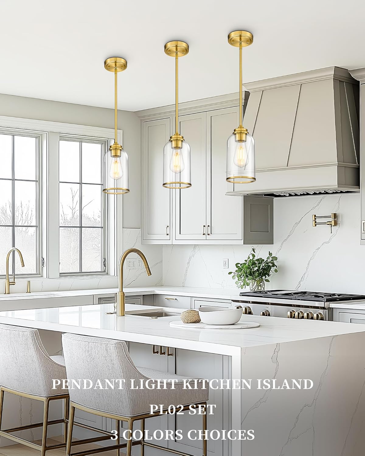 LIROUVET 2 Pack Pendant Lights, Vintage Hanging Lights, Brushed Gold Pendant Lights Kitchen Island with Clear Glass, Pendant Lighting for Dining Room PL02 CLBG-2PK
