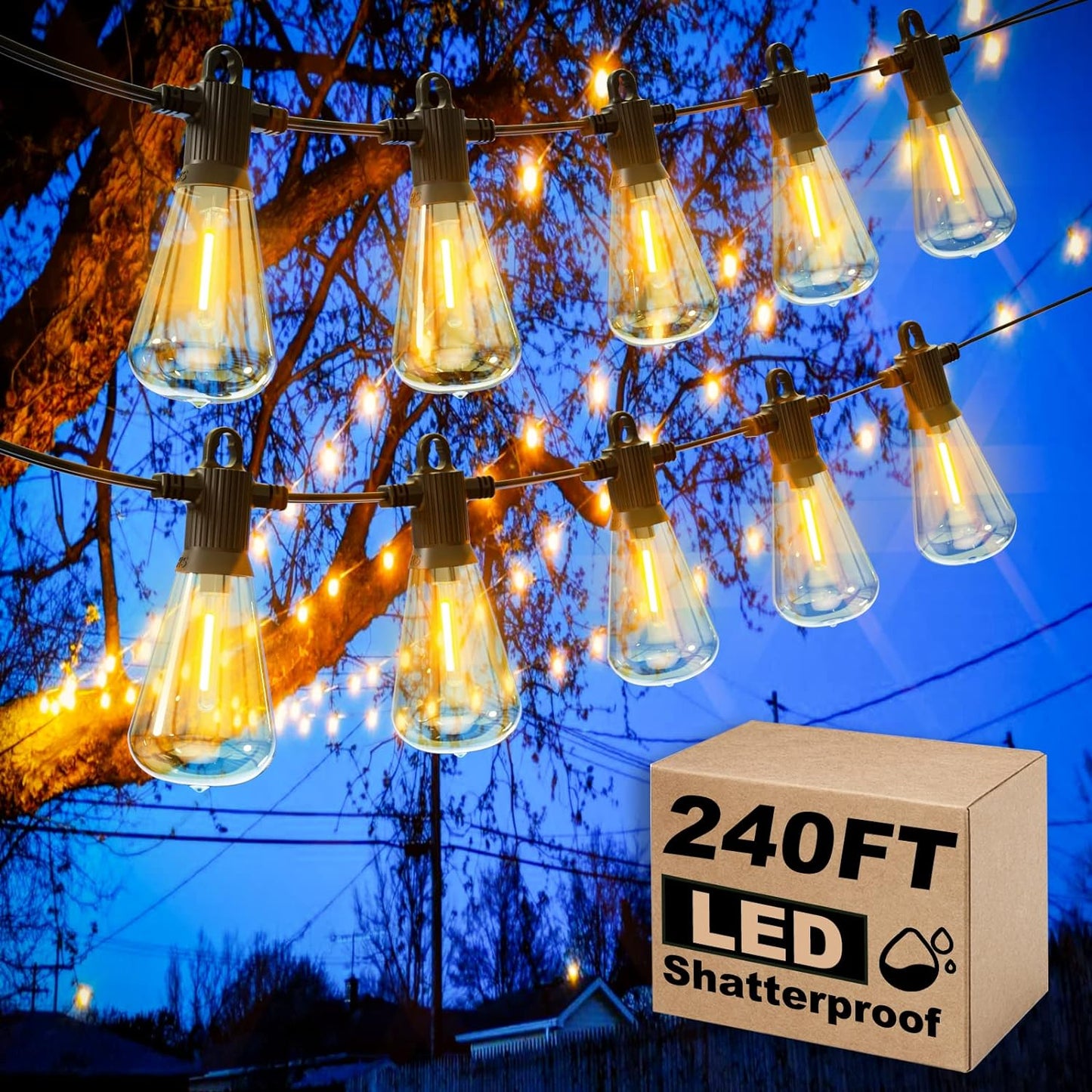 Outdoor Patio String Lights, 240FT LED with 120+4 ST38 Vintage Edison Bulbs, Waterproof Connectable Hanging Lights for Outside Backyard Bistro Porch (120FTx2)