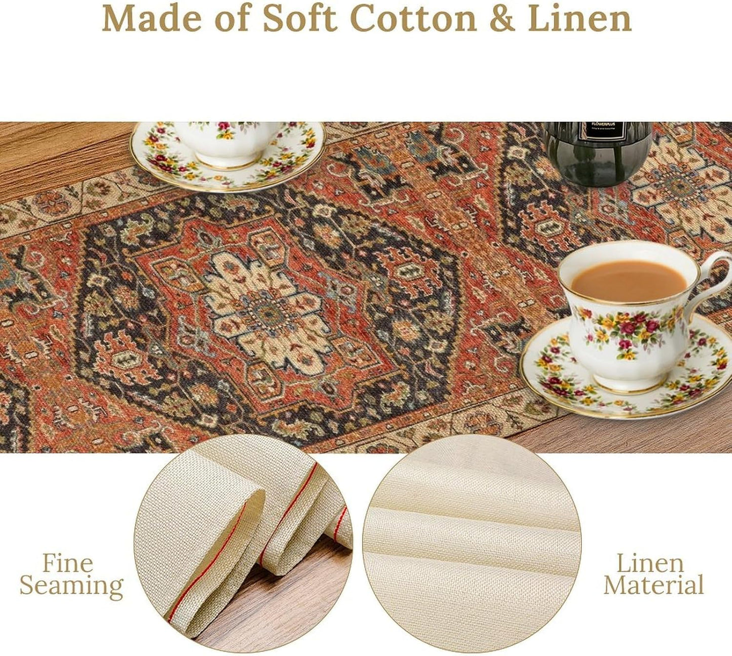 Vintage Boho Floral Table Runner, Rustic Country Farmhouse Orange Black Retro Flower Pattern for Home Kitchen Table Decor Dining Coffee Room Party Decor 13x72in