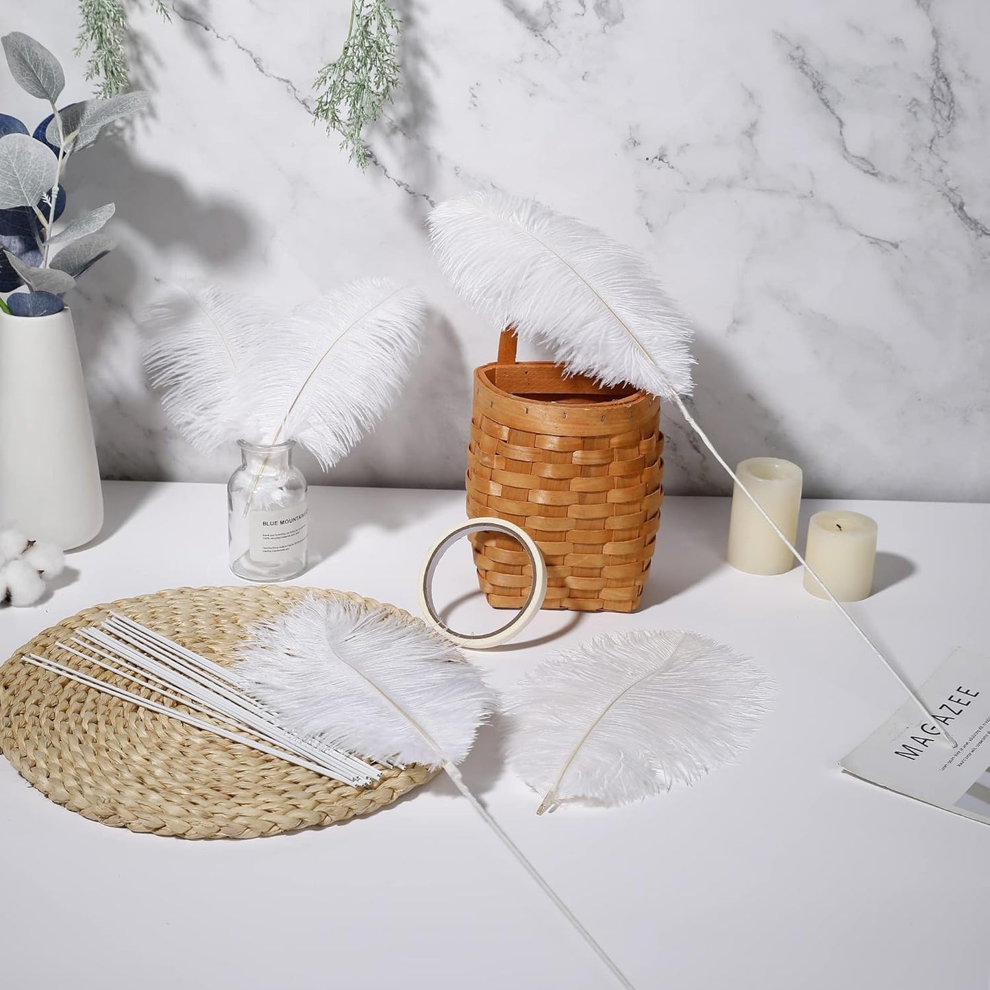 Holmgren White Ostrich Feathers Bulk - 20pcs Making Kit 22 Inch Large Ostrich Feathers for Vase, Floral Arrangement, Wedding Party Centerpieces and Christmas Home Decorations (White)