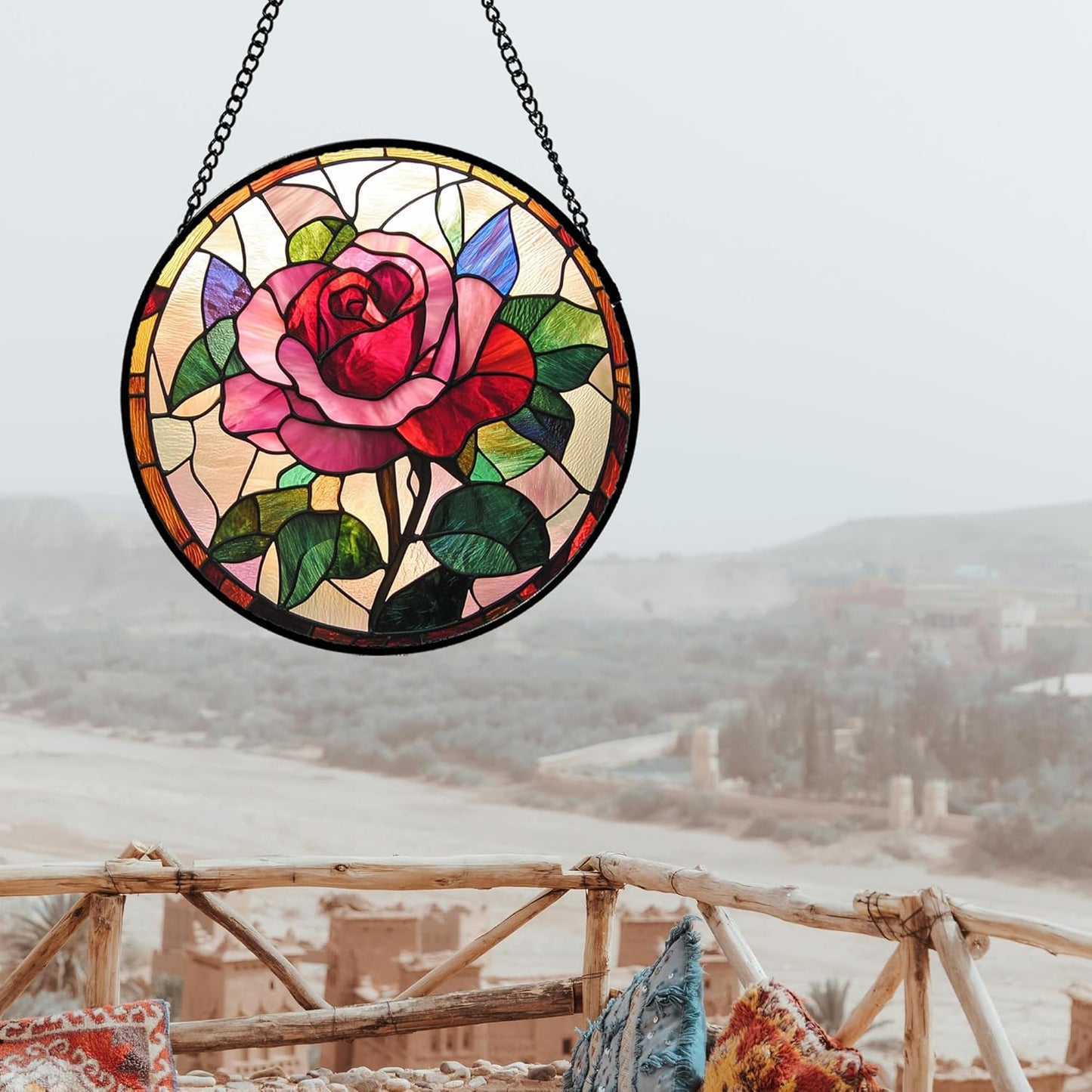 Stained Glass Window Hanging - Pink Rose Suncatcher for Door Garden Home Decor Birth Flower Sun Catcher Christmas Birthday for Friend Lovers Women Mom Nana 6.3 in