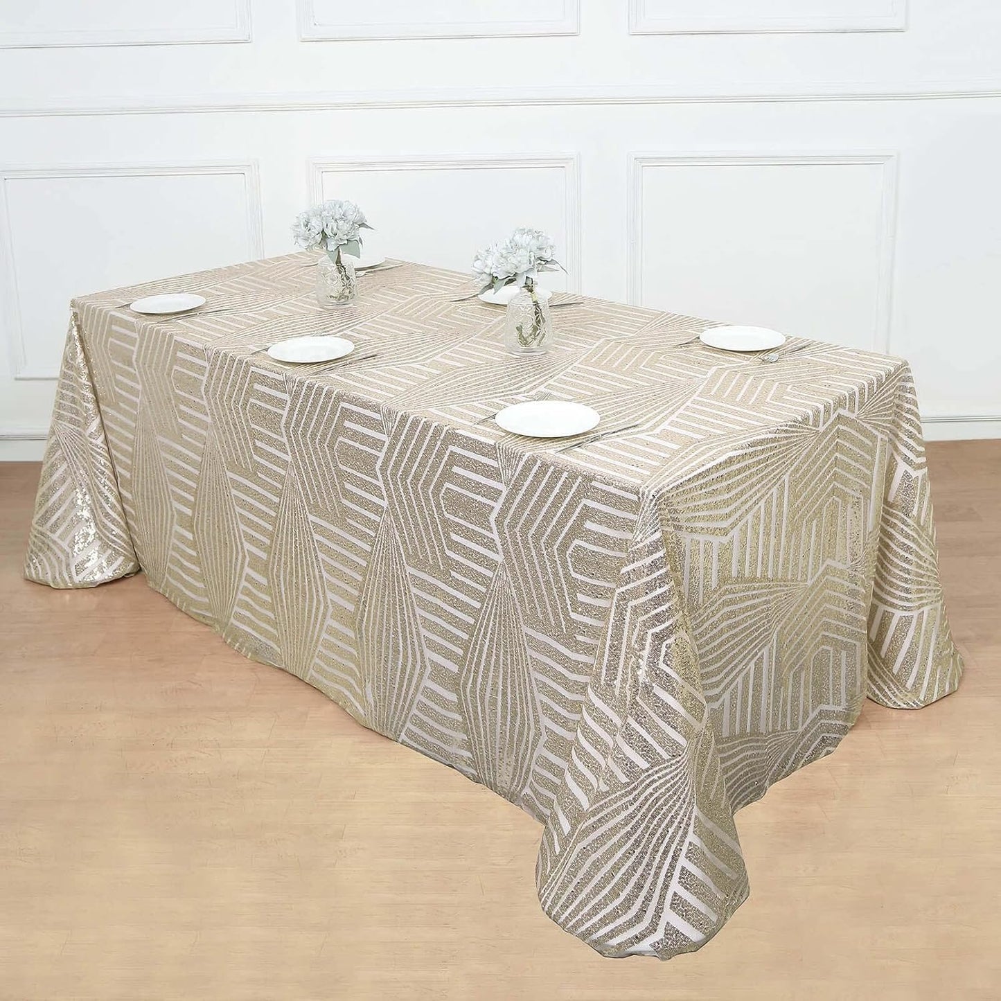 Efavormart 90"X132" Champagne Sparkly Sequin Geometric Tulle Rectangular Tablecloth