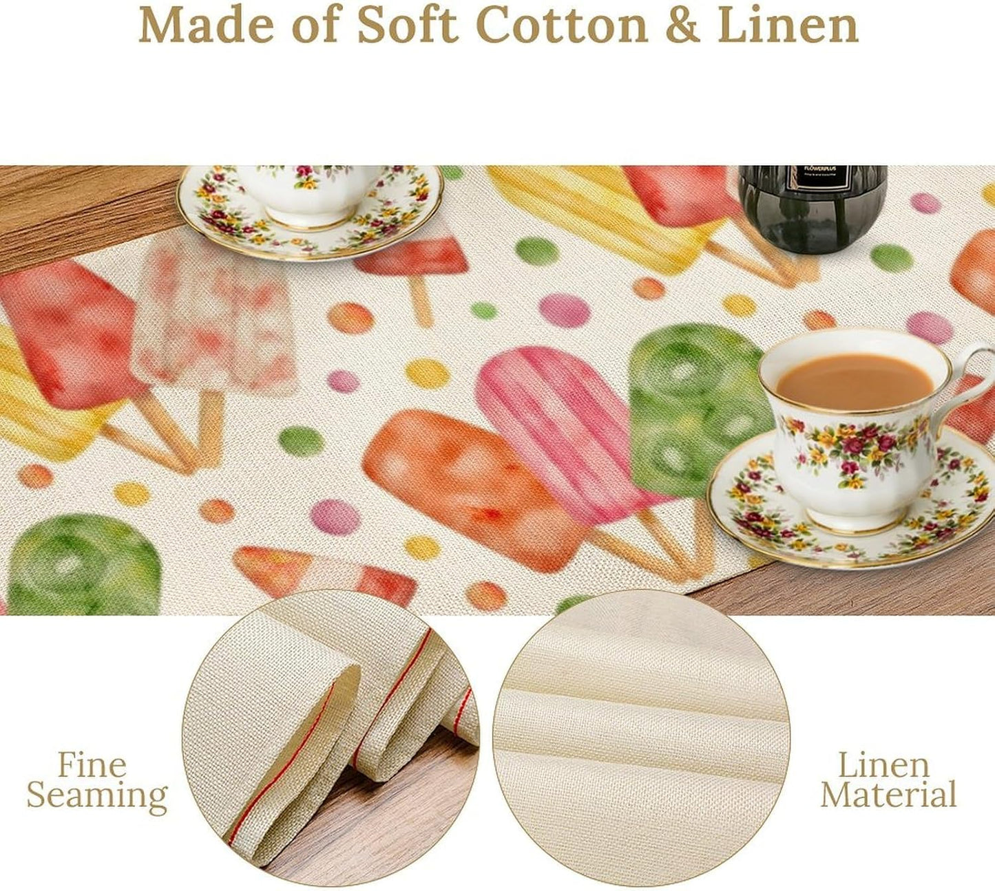 Summer Popsicles Table Runner, Watercolor Colorful Fruit Ice Cream Pops Berry Kiwi Cold Summer Sweet Seasonal Dinner Runner for Party Holiday Home Kitchen Dining Table Decor 13"x120"