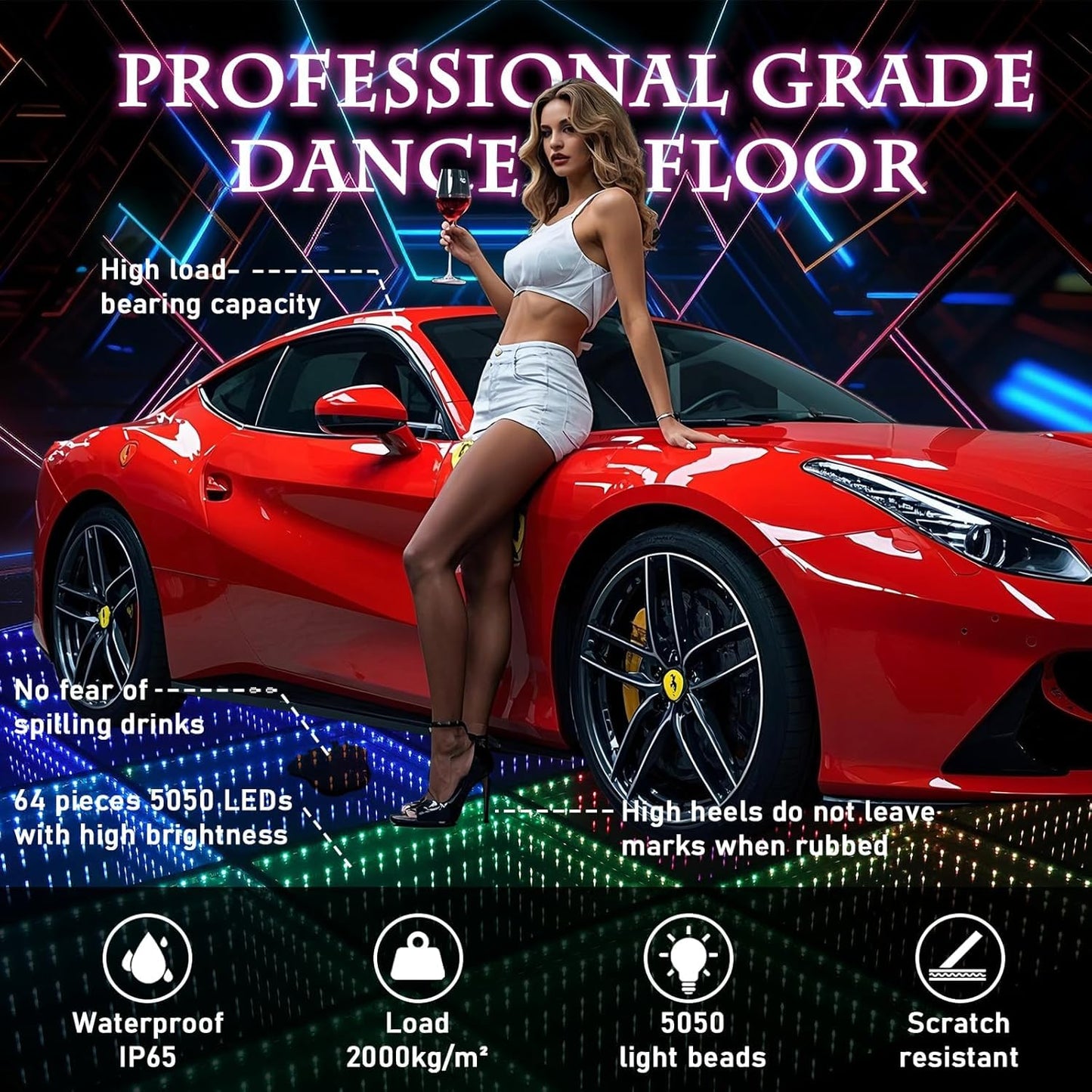 Dance Floor Stage Lights-Tempered Glass with Flight Case - RGB Color Changing Lights for Wedding, Party, Club - Non-Slip (3D-Magnetic, 20 * 20FT)