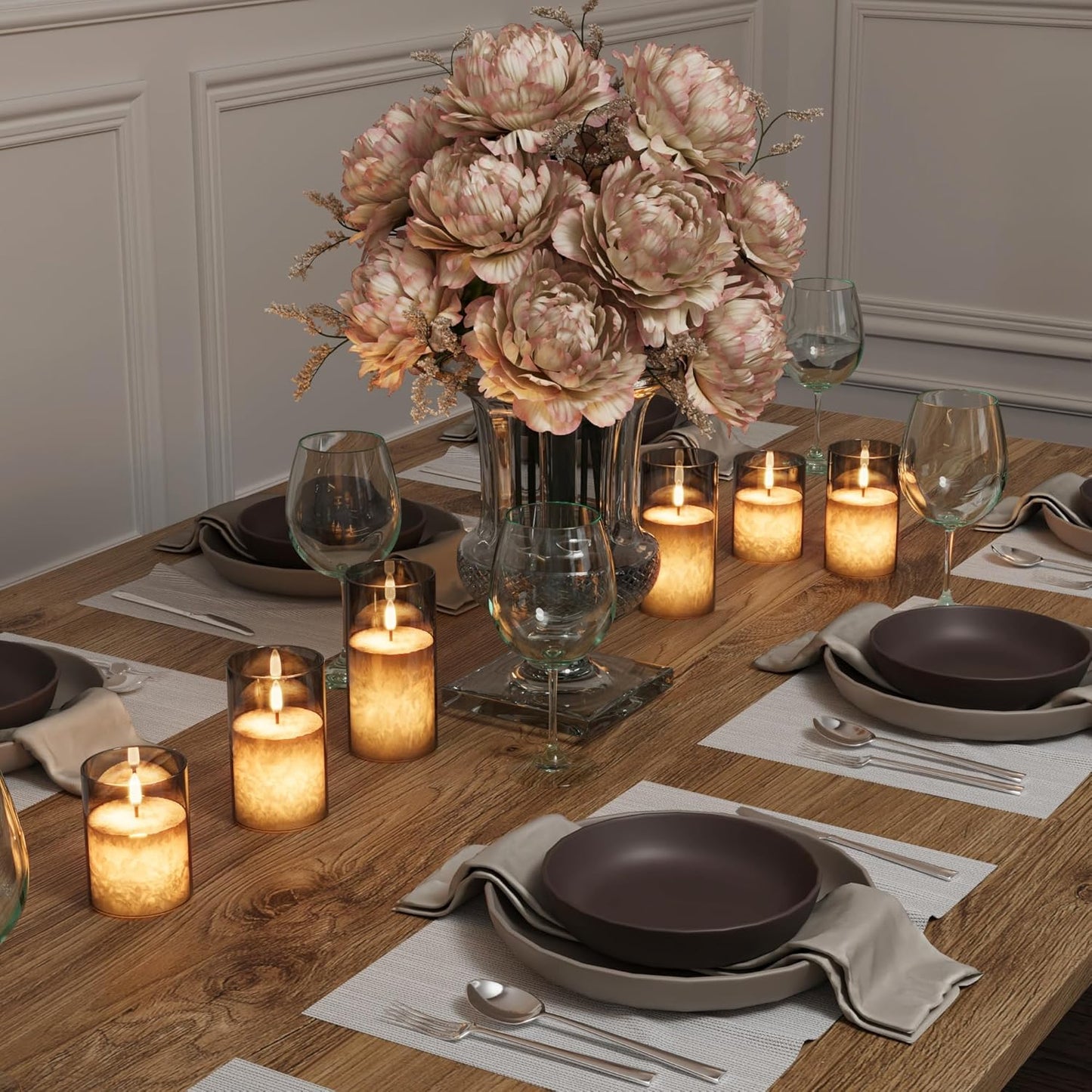 Ice Crystal Real Wax Glass Flameless Candles with Remote & Timer, Battery Operated Candles with Warm Flickering Flame, Realistic LED Candle for Wedding Home Decor [D3×H4/5"/6"] Grey, 3Pack