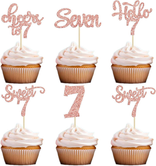 30Pcs 7th Birthday Cupcake Toppers Glitter Seven Happy 7 Cupcake Picks Cheers to 7 Years Old Cake Decorations for 7th Birthday Party Supplies Rose Gold