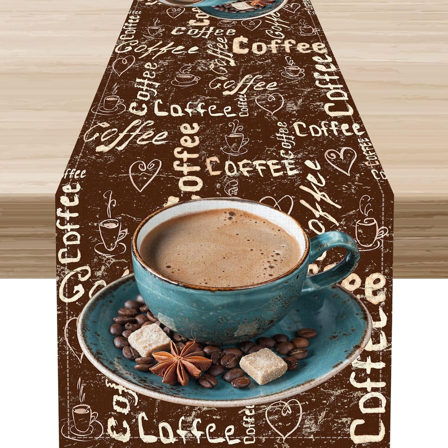 Coffee Theme Table Runner, Farmhouse Retro Brown Coffee Cup Tea Party Rustic Cafe Table Center Decor for Home Kitchen Dining Patio Holiday Party Indoor Outdoor Table Decorations,13"x108" Inch