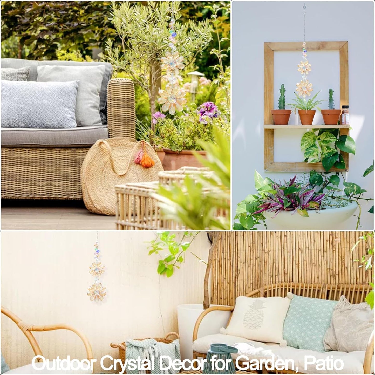 Crystal Flower Suncatcher Hanging Ornament, Rainbow Maker Window Sun Catcher Indoor Outdoor Patio Garden Decor (Gold)