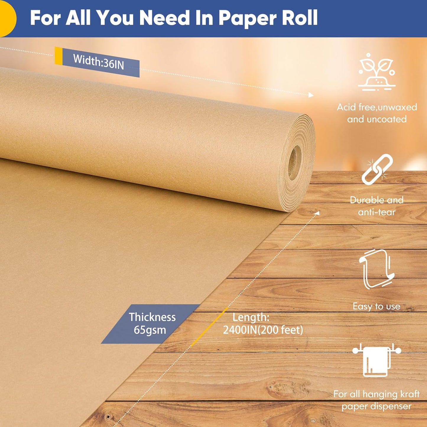 Vanhench 36"x 2400" (200') Large Brown Wrapping Easel Paper Roll, Bulletin Board Paper, Art Packing Moving Shipping Poster Supplies, Floor Covering Crafting Drawing Table Runner 70GSM 55LB