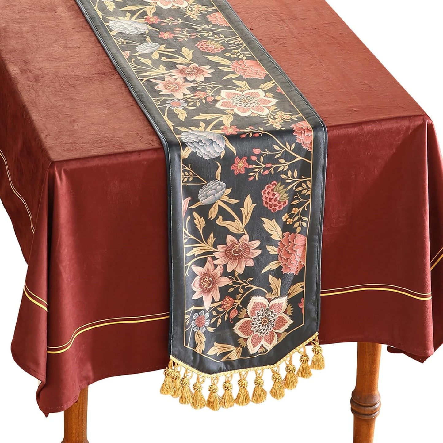 patdrea Designer Vintage Black Floral Extra Long Velvet Table Runner 118 Inch Long,Pink Khaki Bouquets Pattern Table Mat,Decor for Kitchen Dining Coffee Table Cabinet Banquet Thanksgiving,12"*118"