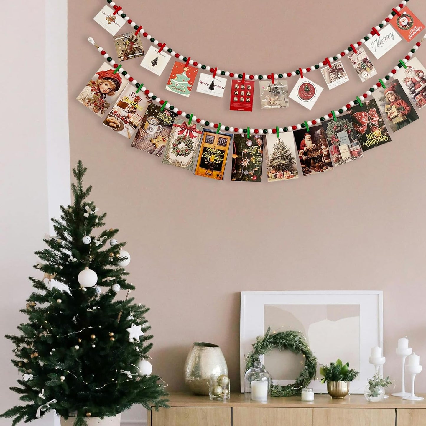 2PCS Christmas Hanging Photo Display with 12 Clips, Wooden Bead Garland, Photo Frame Decoration for Dorms, Classrooms, Bedrooms, Hanging Display Card Holder