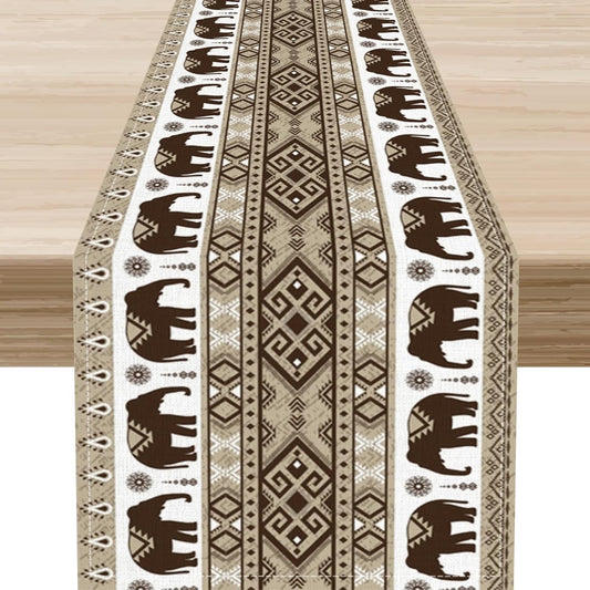 Ethnic Table Runner, Rustic Farmhouse Boho Indian Bohemian Elephant Aztec Tribal Print Beige Table Center Decor for Home Kitchen Dining Patio Holiday Party Indoor Table Decorations, 13"x36" Inch