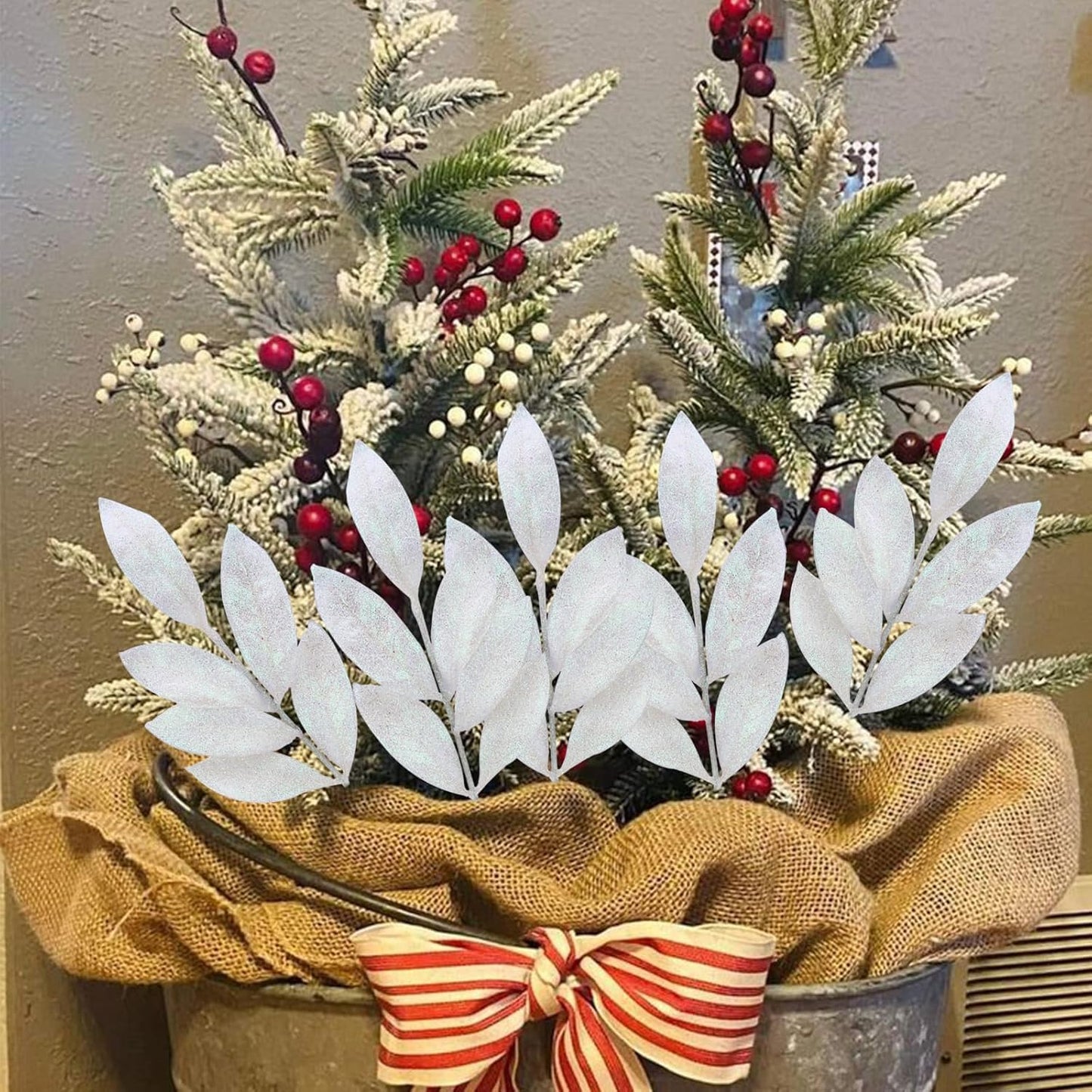 GREENTIME 12 Pack Artificial White Glitter Leaves 13" Fake Christmas Picks Decorative Glitter Sticks for Vase Christmas Tree DIY Wreath Crafts Fireplace Decor